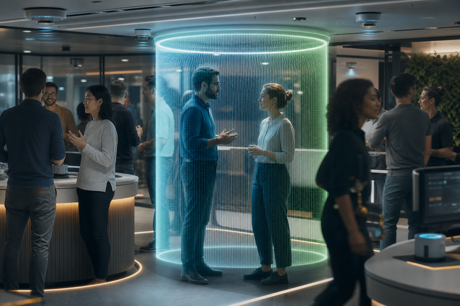 Ten people in a crowded near-future space while two people share a luminous acoustic bubble.