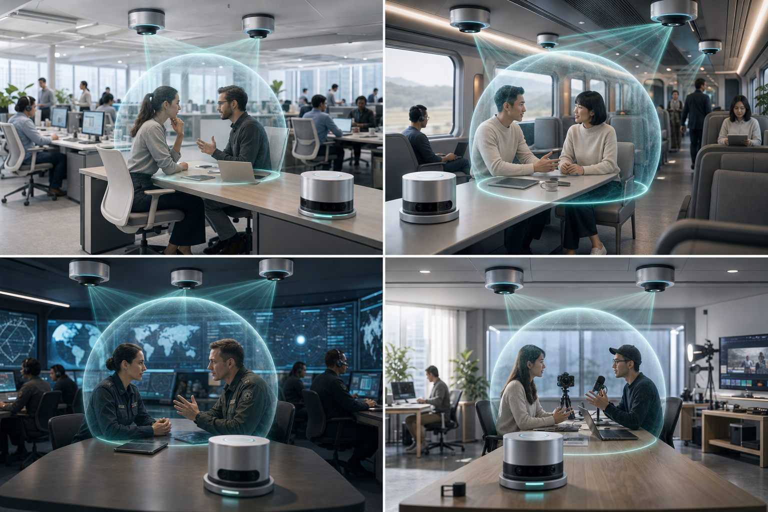 Four future scenarios using SONIC VEIL AB-01: open office, train lounge, command cell, and creator desk.